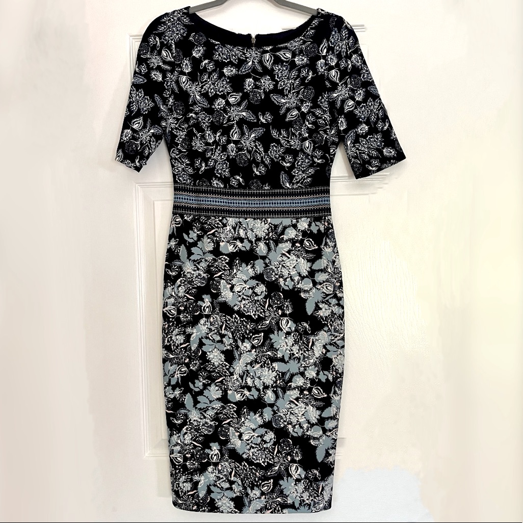 Vince Camuto Black And Light Blue Floral Midi Dress
